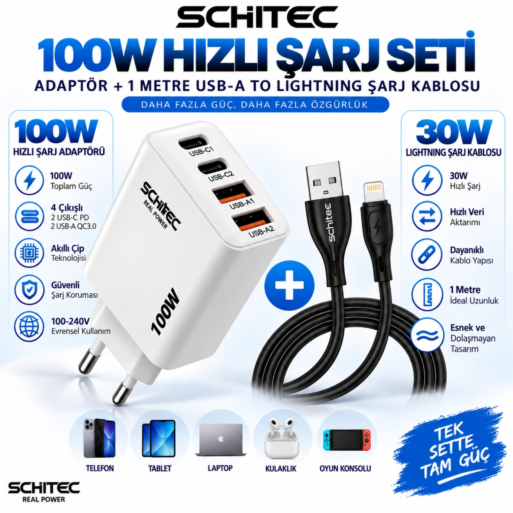 SChitec 100W 4 Çıkışlu  Hızlı Şarj Başlığı ve USB-A to Lightning 30W Hızlı Data ve Şarj Kablosu 