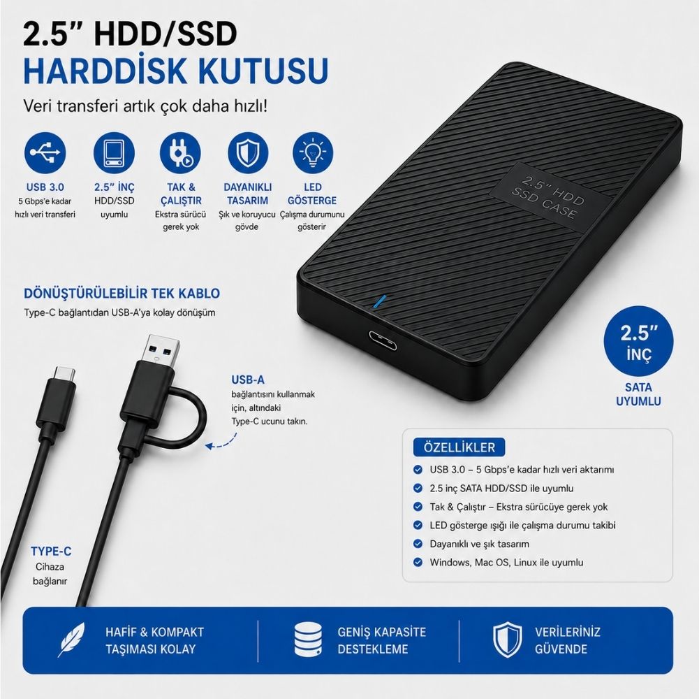 SChitec 2.5 HDD/SSD USB 3.0 Type-C Harici Disk Kutusu Artı Type-C to Type-C Kablo(USB-A Çeviricili)