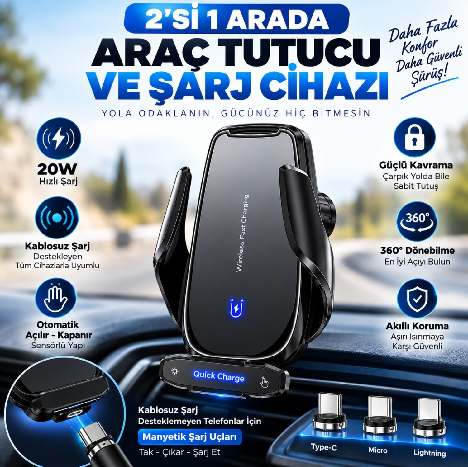 ScHitec 20W Sensörlü Araç İçi Kablosuz Hızlı Şarj Aleti ve Telefon Tutucu