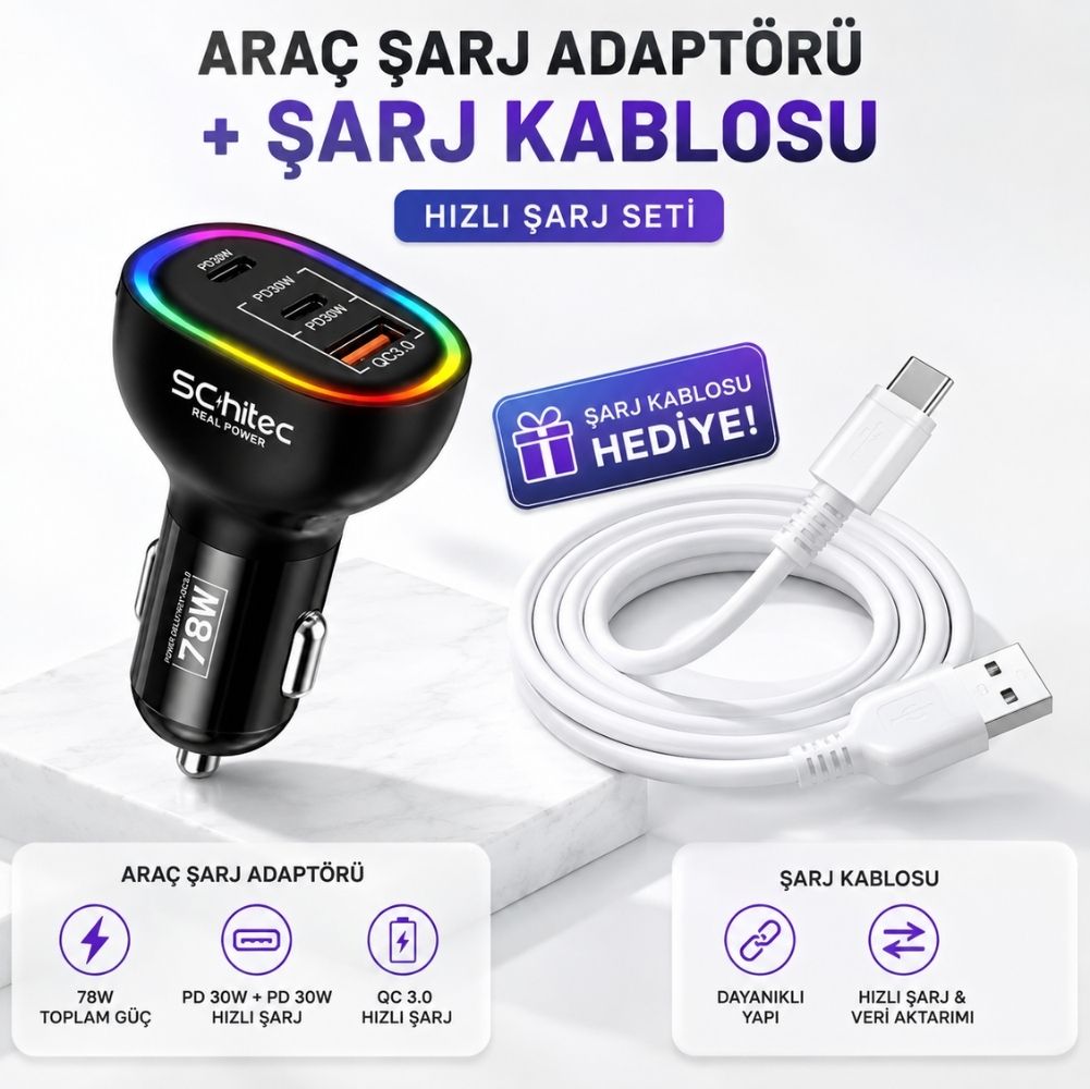 Schitec  3 Portlu Araç Şarj Aleti ve 67W UsbA to Type-C Data ve Hızlı Şarj Kablosu 1M Beyaz HEDİYE 