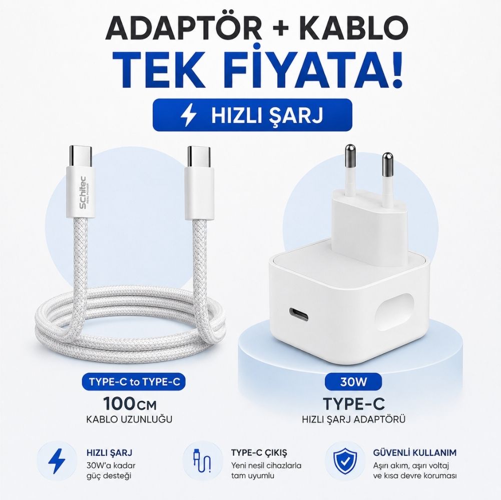 Schitec 30W Hızlı Şarj Adaptörü UCB-C+60W Type-C to Type-C Örgülü Data ve Hızlı Şarj Kablosu 