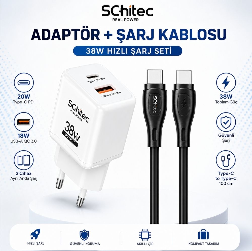 SChitec 38W 2 Çıkışlı Hızlı Şarj Başlığı ve 60W Type-C to Type-C Hızlı Şarj ve Data Kablosu Siyah