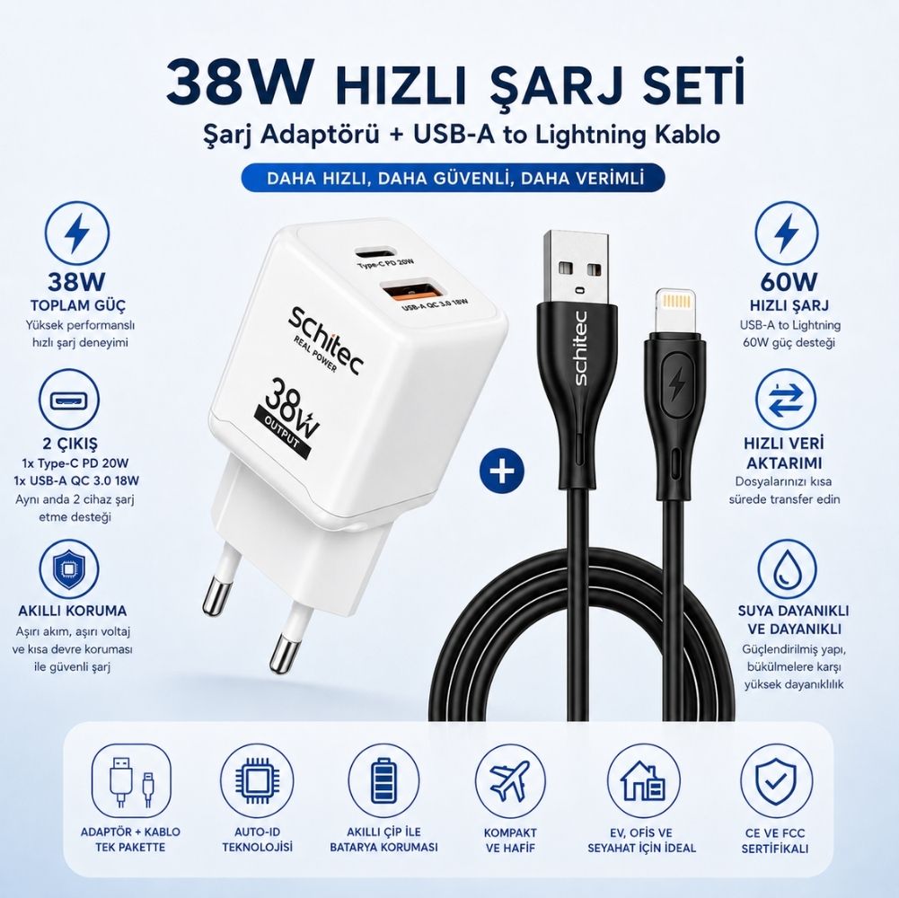 SChitec 38W 2 Çıkışlı Hızlı Şarj Başlığı ve USB-A to Lightning 30W Hızlı Data ve Şarj Kablosu 