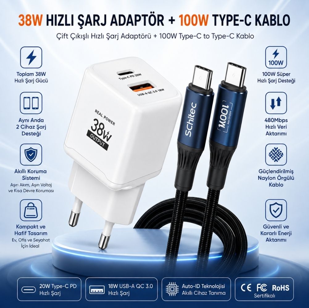 SChitec 38W 2 Çıkışlu Hızlı Şarj Başlığı  ve 100W Type-C to Type-C Süper Hızlı Şarj Kablosu 1.2 Metre