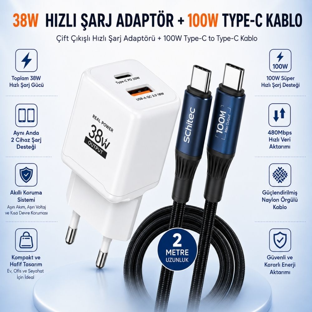 SChitec 38W 2 Çıkışlu Hızlı Şarj Başlığı  ve 100W Type-C to Type-C Süper Hızlı Şarj Kablosu 2 Metre