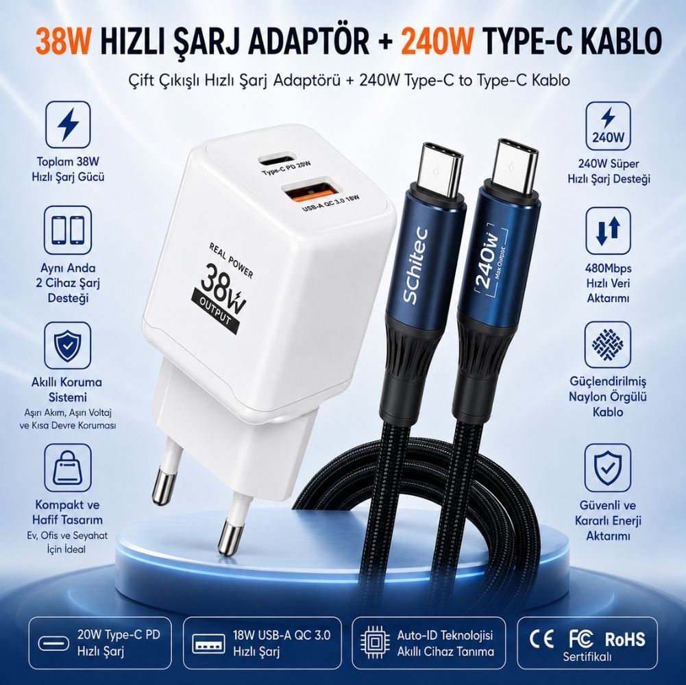 SChitec 38W 2 Çıkışlu Hızlı Şarj Başlığı  ve 240W Type-C to Type-C Süper Hızlı Şarj Kablosu