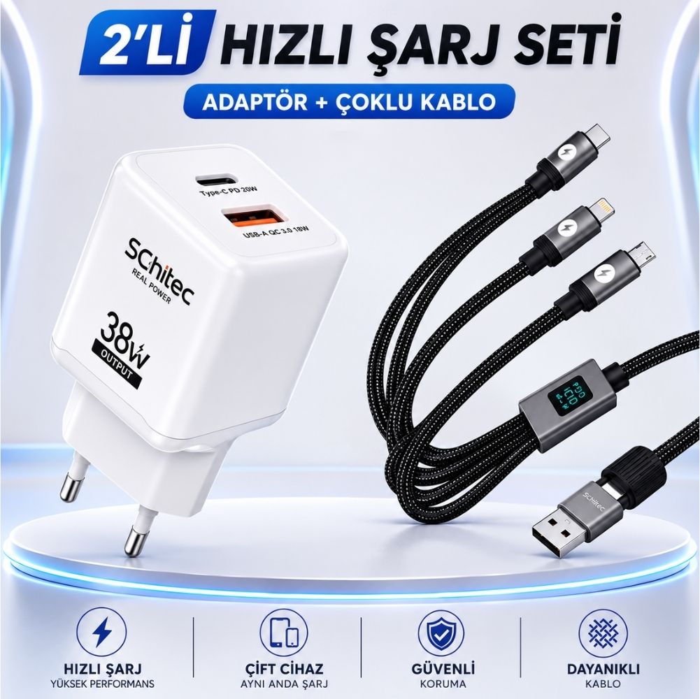 SChitec 38W 2 Çıkışlu Hızlı Şarj Başlığı  ve 5in1 100W Göstergeli Type-C ve UsbA Girişli Micro Type-C Lightning Çıkışlı Hızlı Şarj  