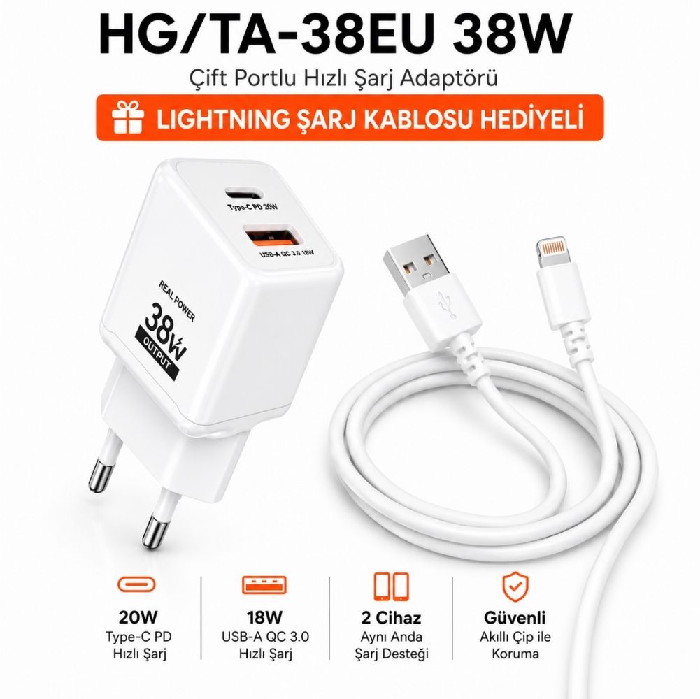 SChitec 38W 2 Çıkışlı Hızlı Şarj Başlığı ve 67W UsbA to Lightning ve Hızlı Şarj Kablosu 1M HEDİYE 
