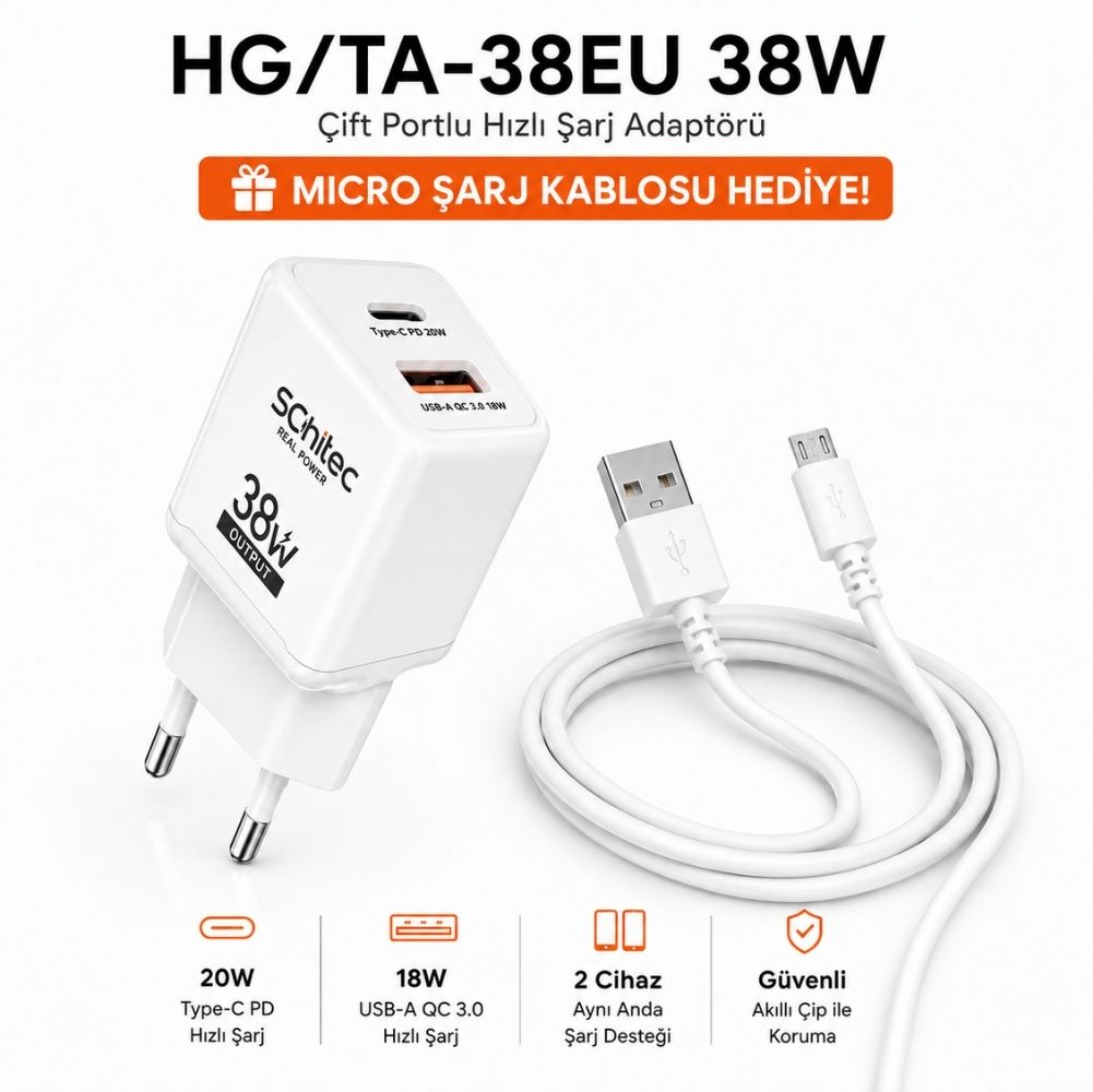 SChitec 38W 2 Çıkışlu Hızlı Şarj Başlığı ve 67W UsbA to Micro ve Hızlı Şarj Kablosu HEDİYE 