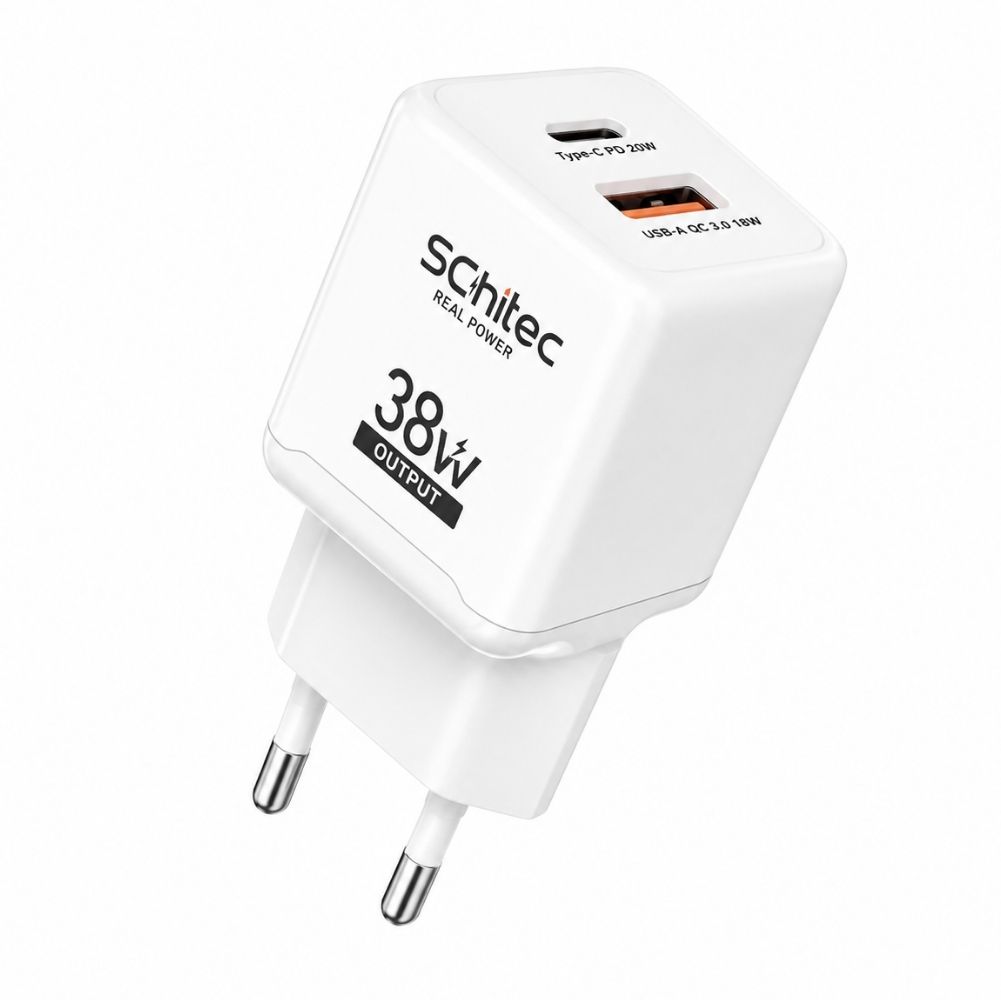 SChitec 38W Çift Çıkışlı Süper Hızlı Şarj Adaptörü USB-A QC 3.0 + Type-C PD Beyaz HG/TA-38EU