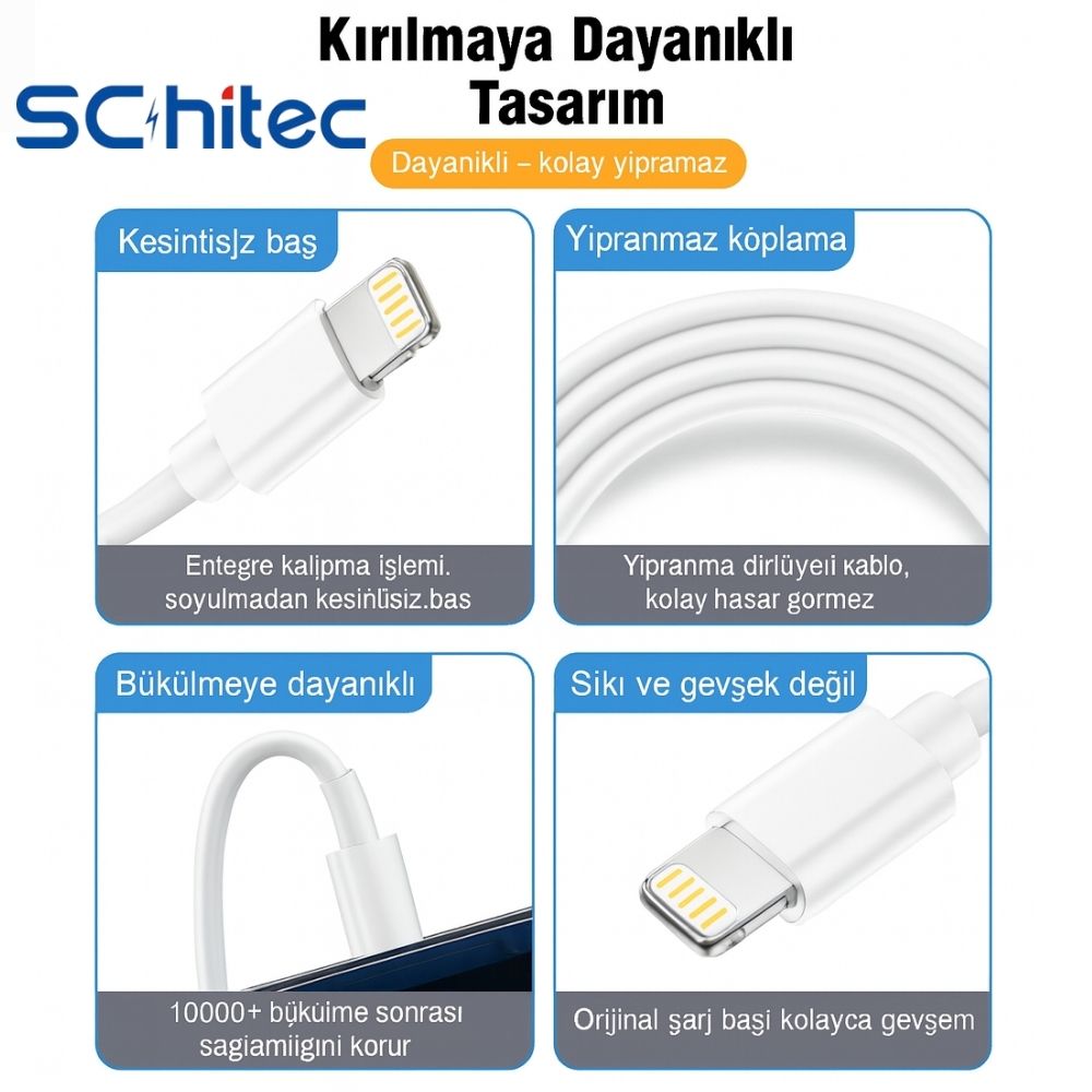 ScHitec 3 Paket 3A 60W UsbA to Lightning Hızlı Data ve Şarj Kablosu 1 Metre/ 2 Metre/ 3 Metre Beyaz 