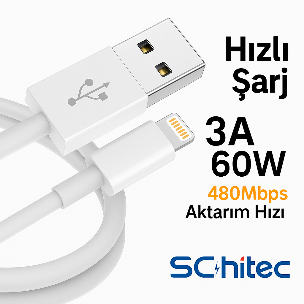 ScHitec 3 Paket 3A 60W UsbA to Lightning Hızlı Data ve Şarj Kablosu 1 Metre/ 2 Metre/ 3 Metre Beyaz 