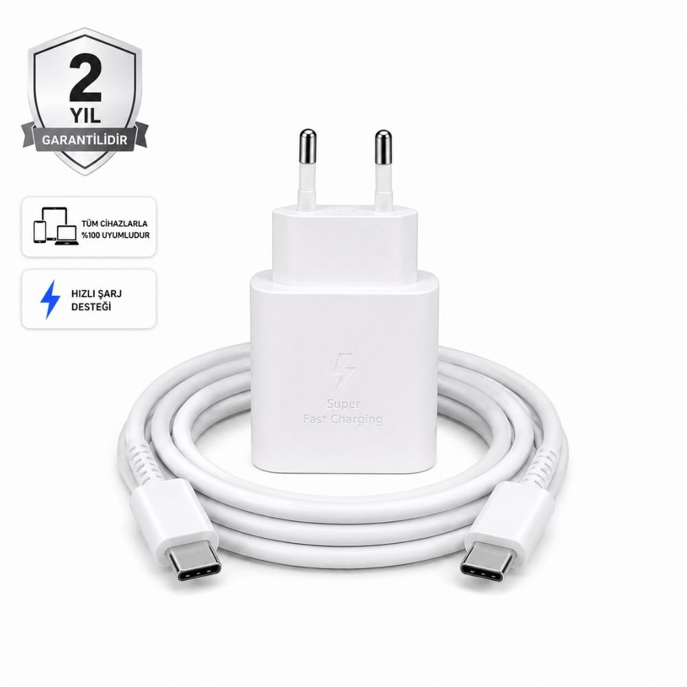 Schitec 45W Hızlı Şarj Adaptörü ve 1 Metre Type-C Type-C Hızlı Şarj Kablo Set Beyaz