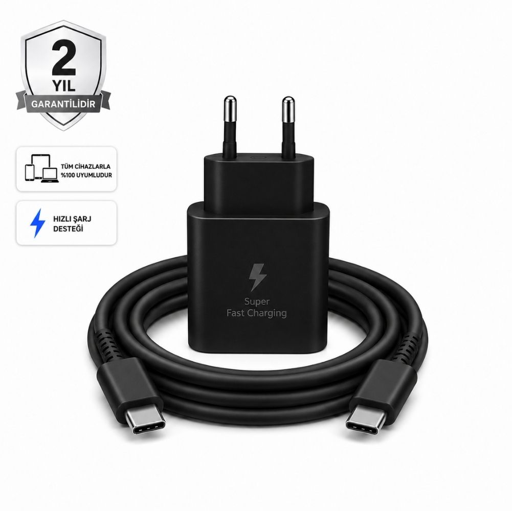 Schitec 45W Hızlı Şarj Adaptörü ve 1 Metre Type-C Type-C Hızlı Şarj Kablo Set Siyah