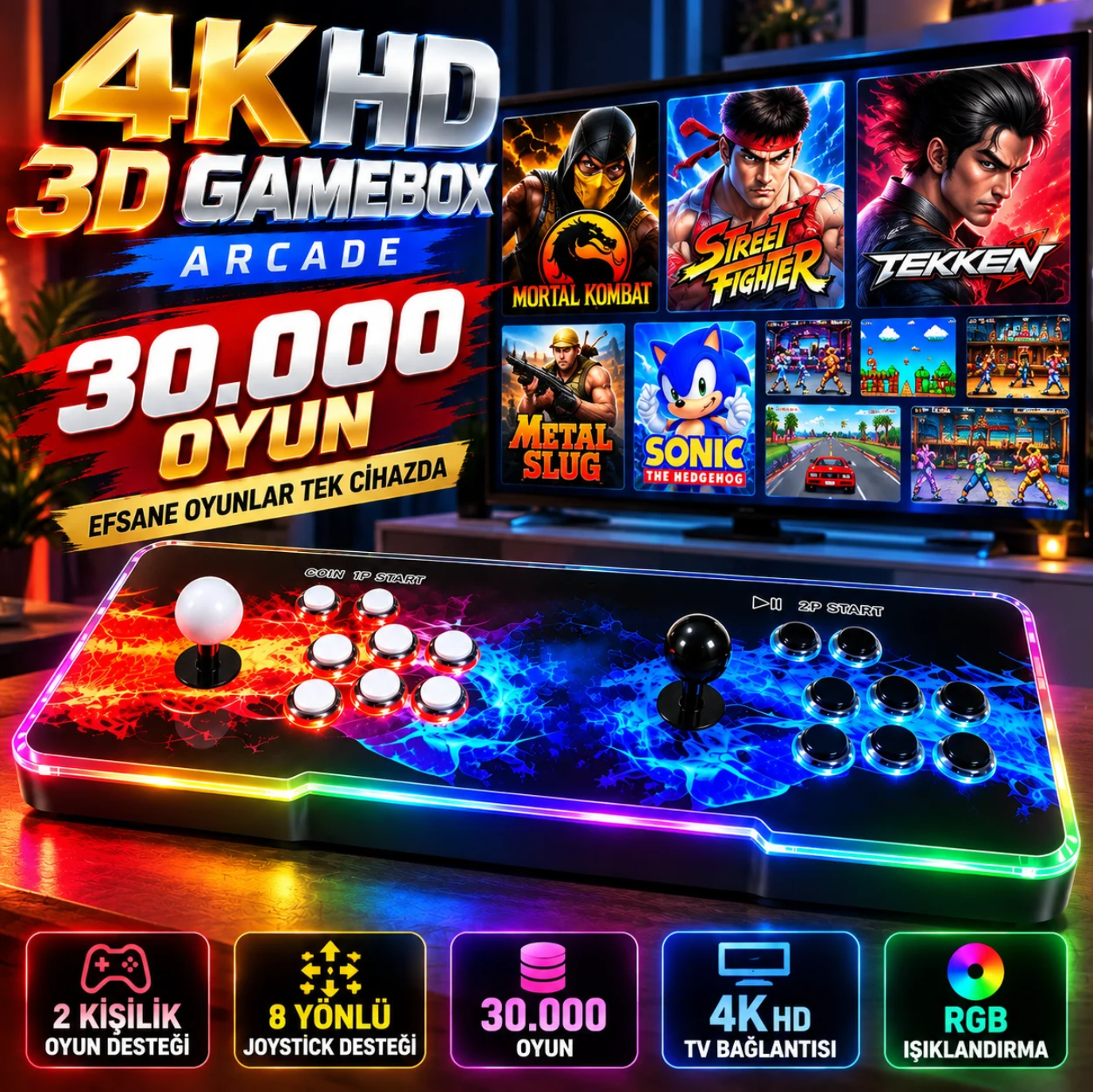 3D Pandora Pro 30.000 Oyunlu RGB Işıklı Arcade Oyun Konsolu 2 Kişilik HDMI TV Bağlantılı
