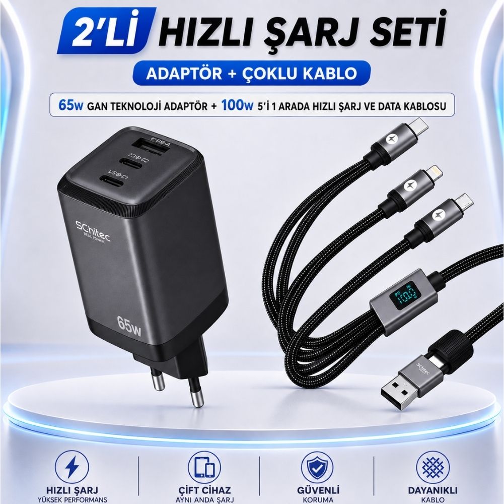 SChitec 65W GaN 3 Çıkışlı Hızlı Şarj Adaptörü Başlığı ve 5in1 100W Göstergeli Type-C ve UsbA Girişli Micro Type-C Lightning Çıkışlı Hızlı Şarj  