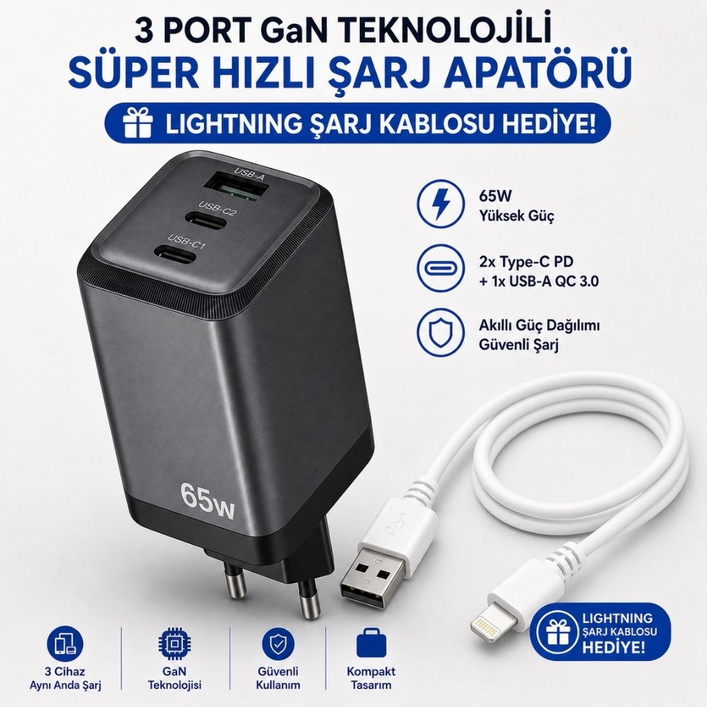 SChitec 65W GaN 3 Çıkışlı Hızlı Şarj Başlığı ve 67W UsbA to Lightning ve Hızlı Şarj Kablosu HEDİYE 