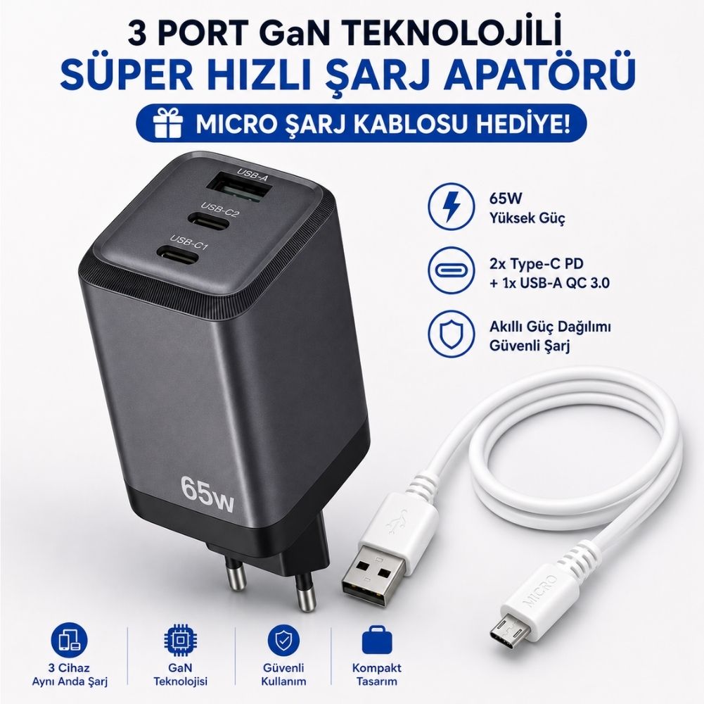 SChitec 65W GaN 3 Çıkışlı Hızlı Şarj Başlığı  ve 67W UsbA to Micro Data ve Hızlı Şarj Kablosu 1M Beyaz HEDİYE 