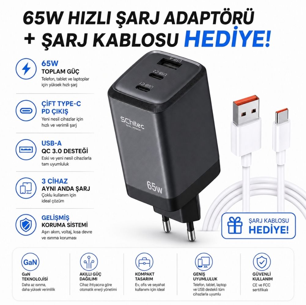 SChitec 65W GaN 3 Çıkışlı Hızlı Şarj Başlığı ve 120W UsbA to Type-C Hızlı Data ve Kablosu HEDİYE
