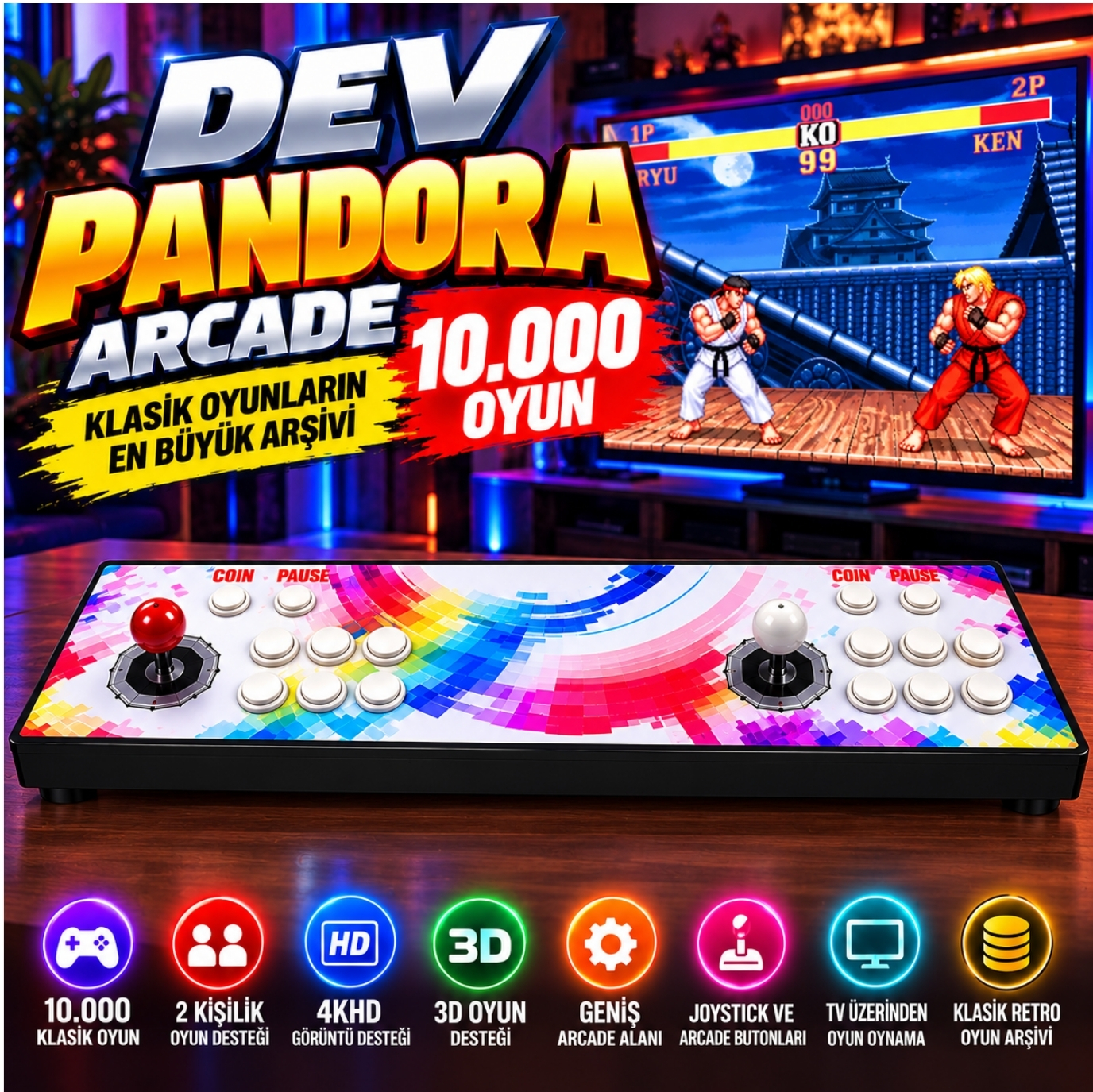 ScHitec Dev Pandora 10.000 Oyunlu 4KHD 3D Retro Arcade TV Oyun Konsolu