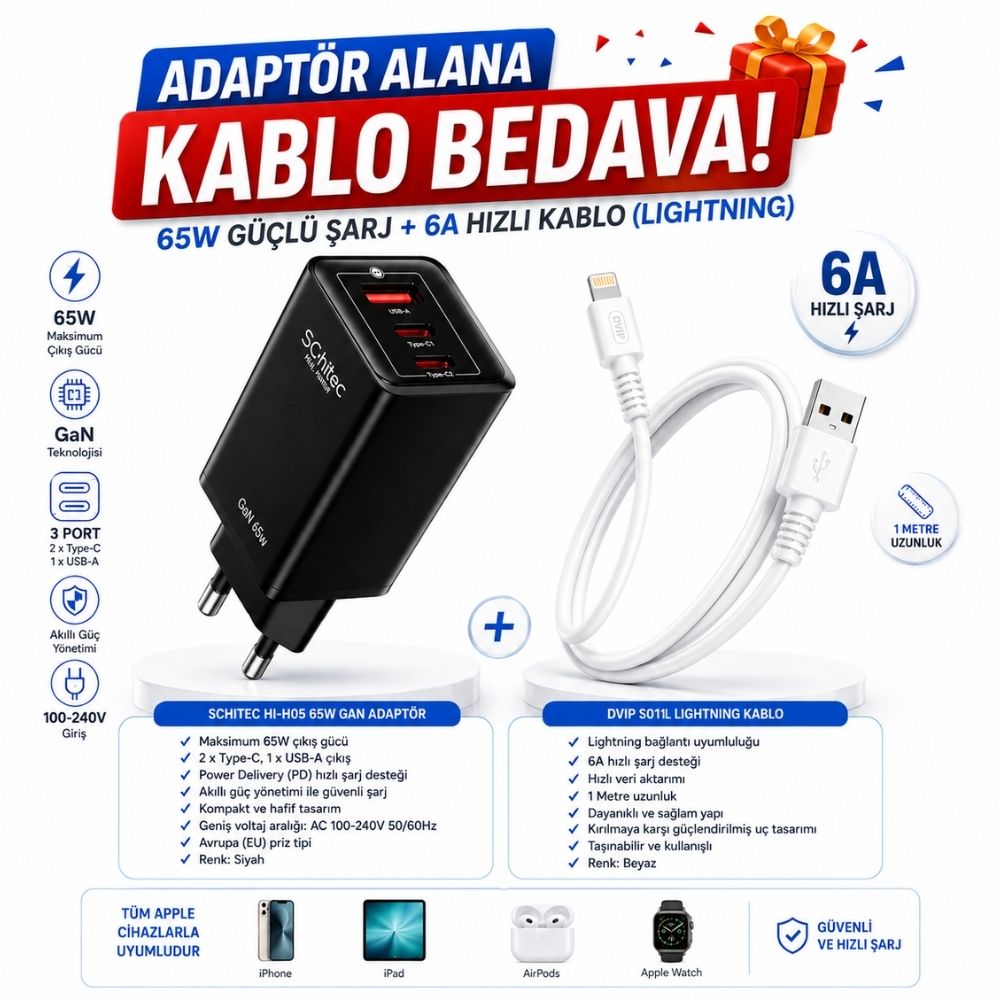 Schitec GaN 65W Ultra Hızlı Şarj Cihazı 3 Çıkışlı Hızlı Şarj Aleti Başlığı ve 67W UsbA to Lightning Data ve Hızlı Şarj Kablosu 1M Beyaz HEDİYE 