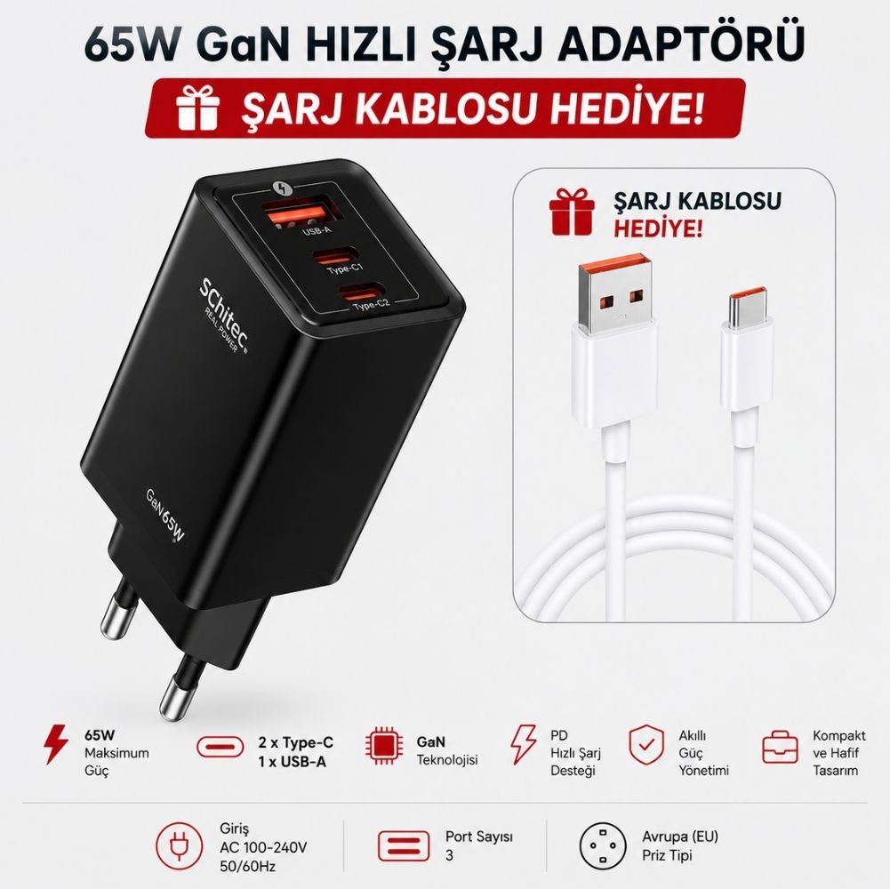 Schitec GaN 65W 3 Çıkışlı Şarj Aleti Başlığı  ve 6A 120W UsbA to Type-C Hızlı Data Kablosu HEDİYE