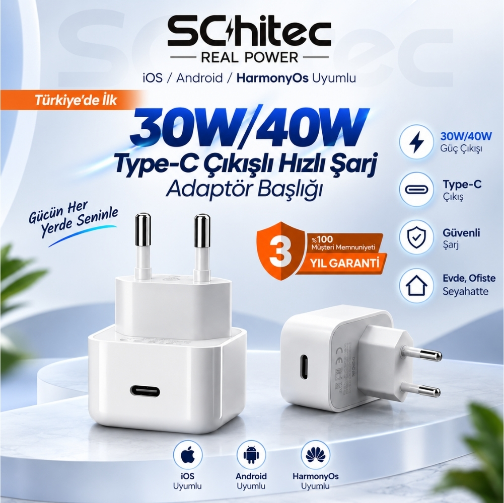 SChitec İos/Android/HarmonyOs Uyumlu  30W/40W Type-C Çıkışlı Hızlı Şarj Adapörü Başlığı