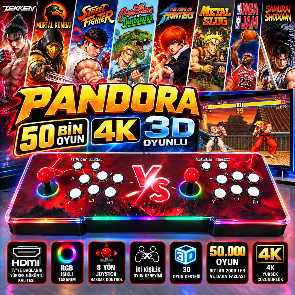 ScHitec Pandora 50.000 Oyunlu 4K 3D RGB Işıklı Çift Kişilik Arcade Oyun Konsolu