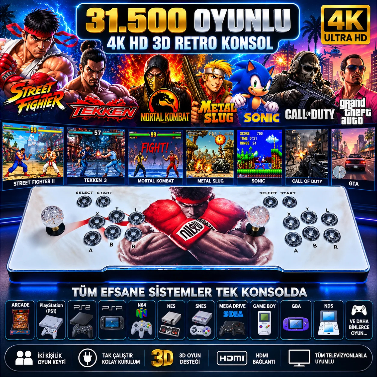 ScHitec M10 Pro 4K 3D Oyun Konsolu 266 Playstion Oyunlu Arcade TV Konsolu 31.000+ Oyunlu