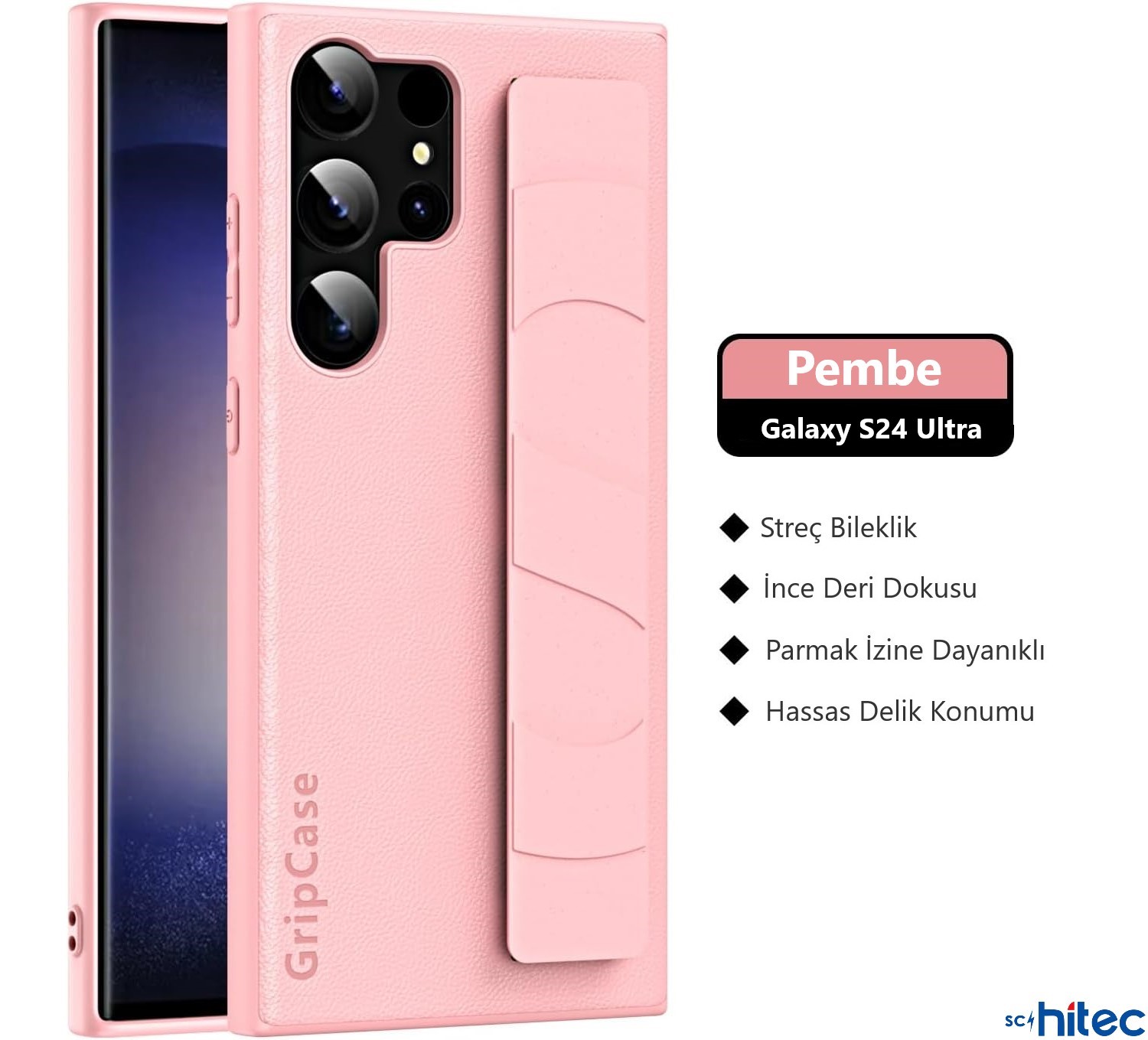 ScHitec Samsung Galaxy S24 Ultra Uyumlu Premium Case Parmak Askılı Telefon Kılıfı Pembe