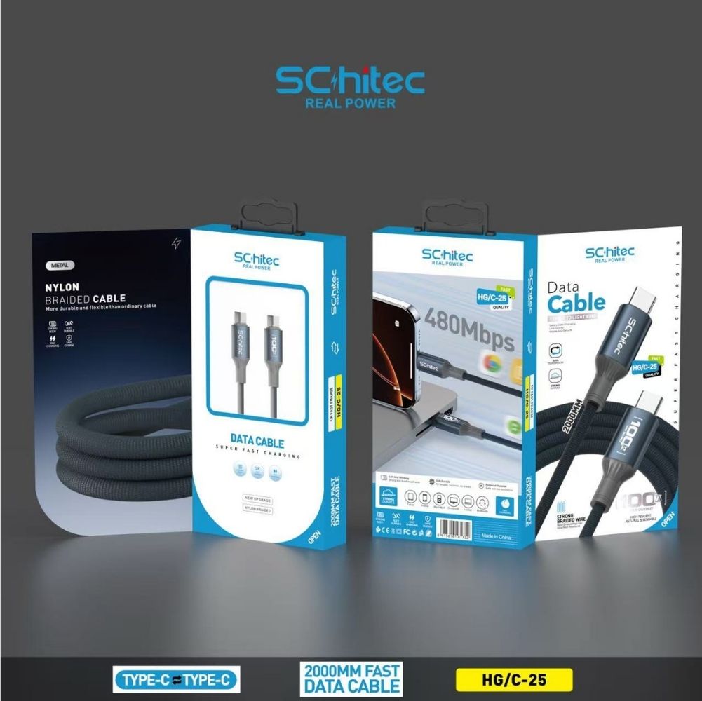 SChitec 100W Type-C to Type-C Süper Hızlı Data ve Şarj Kablosu Siyah 2 Metre HG/C-25