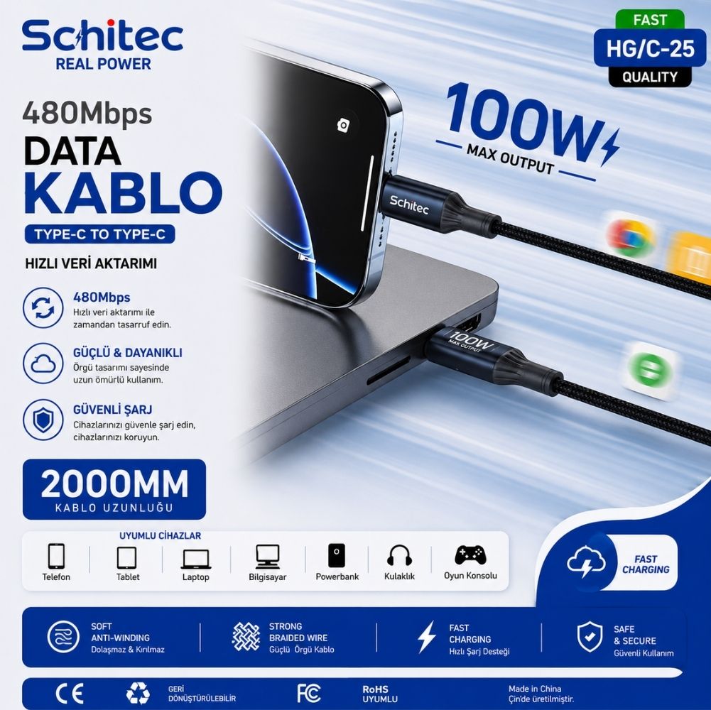 SChitec 100W Type-C to Type-C Süper Hızlı Data ve Şarj Kablosu Siyah 2 Metre HG/C-25