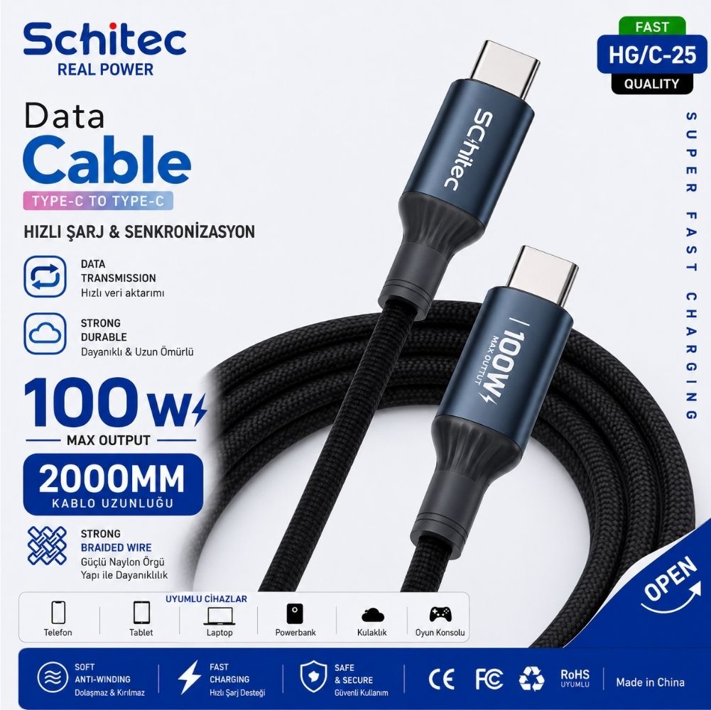 SChitec 100W Type-C to Type-C Süper Hızlı Data ve Şarj Kablosu Siyah 2 Metre HG/C-25