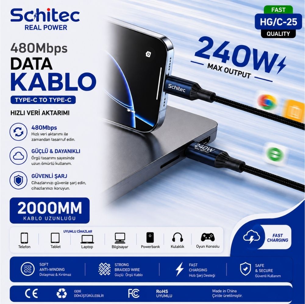 SChitec 240W Type-C to Type-C Süper Hızlı Data ve Şarj Kablosu Siyah 2 Metre HG/C-25