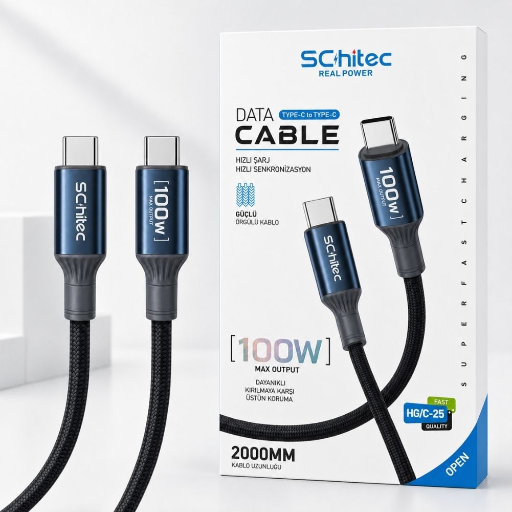 SChitec 100W Type-C to Type-C Süper Hızlı Data ve Şarj Kablosu Siyah 2 Metre HG/C-25