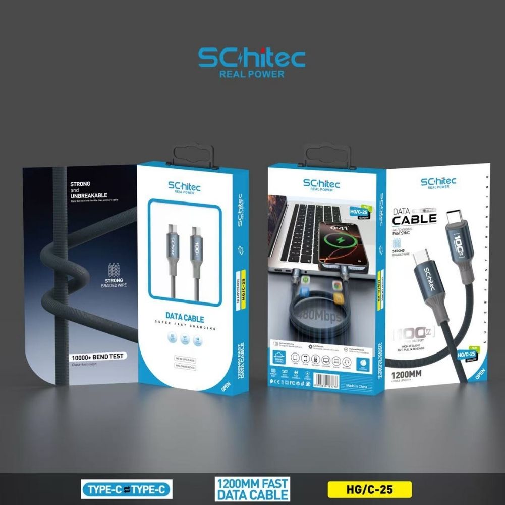 Schitec Type-C to Type-C 100W Süper Hızlı Şarj ve Data Kablosu Naylon Örgülü 1.2 Metre