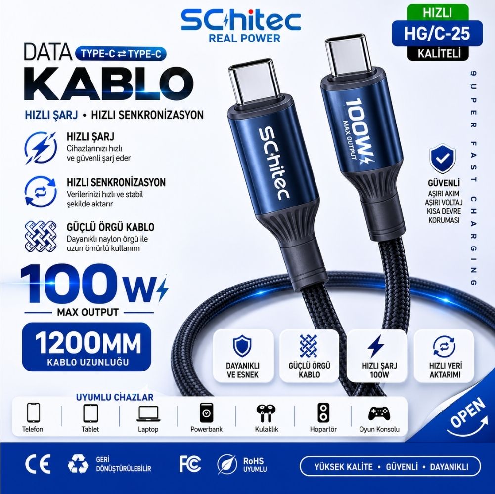Schitec Type-C to Type-C 100W Süper Hızlı Şarj ve Data Kablosu Naylon Örgülü 1.2 Metre