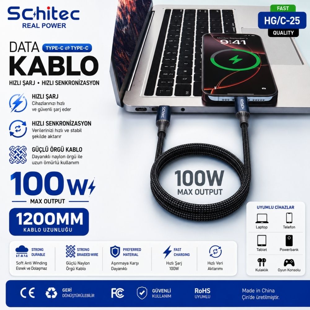 Schitec Type-C to Type-C 100W Süper Hızlı Şarj ve Data Kablosu Naylon Örgülü 1.2 Metre