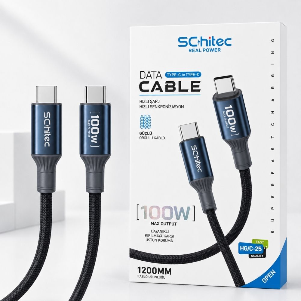 Schitec Type-C to Type-C 100W Süper Hızlı Şarj ve Data Kablosu Naylon Örgülü 1.2 Metre
