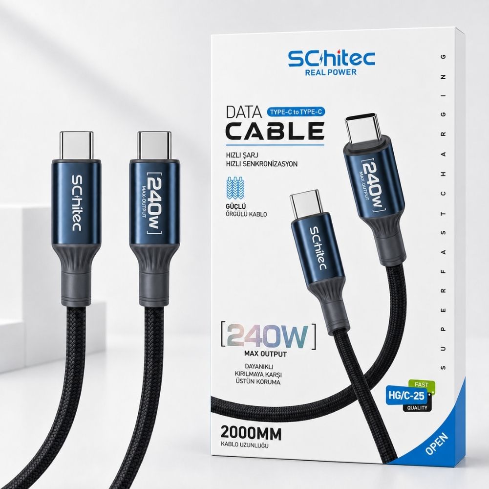 SChitec 240W Type-C to Type-C Süper Hızlı Data ve Şarj Kablosu Siyah 2 Metre HG/C-25