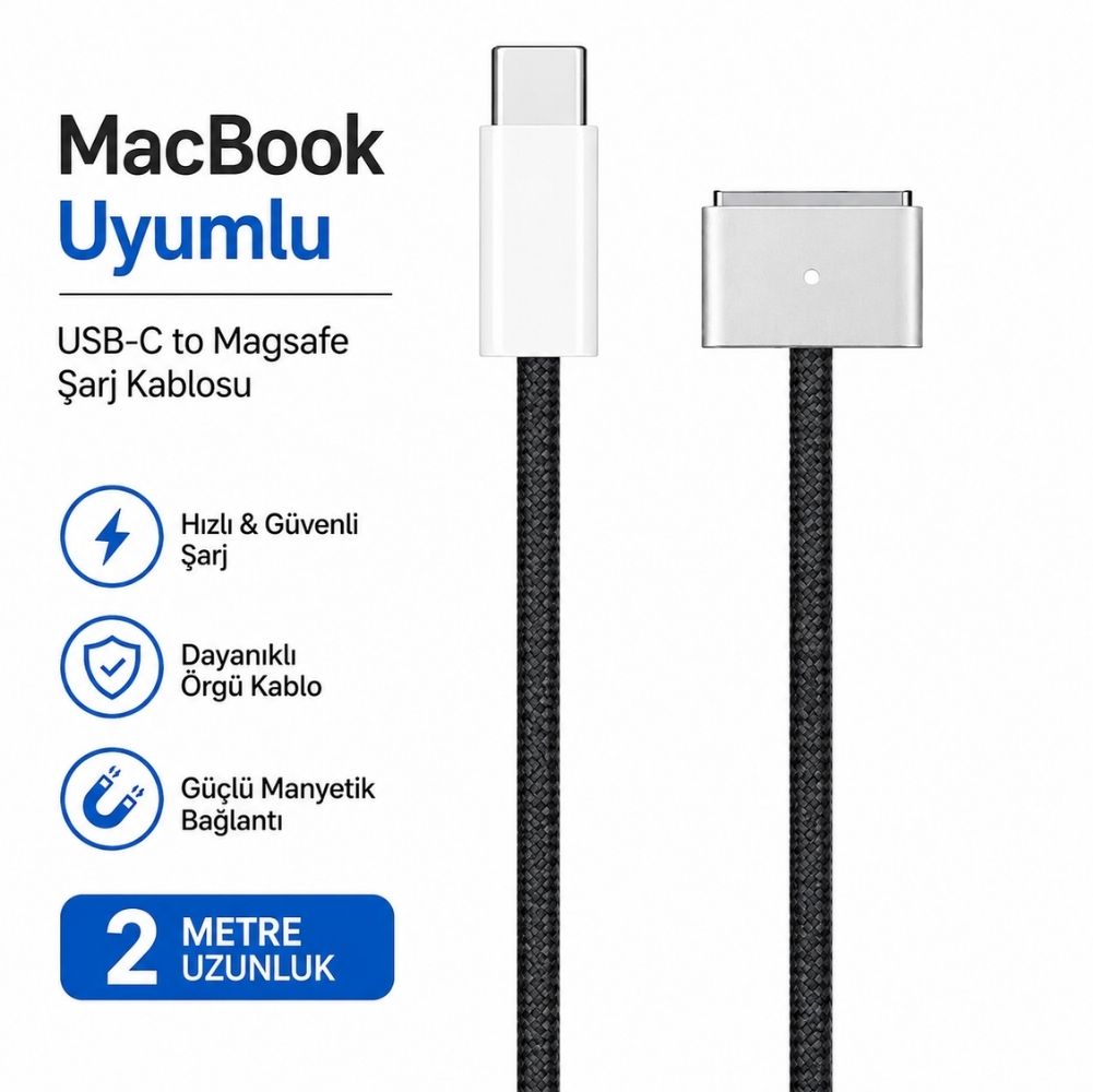 SChitec USB-C MagSafe 3 Şarj Kablos Örgülü 2 Metre MacBook Air Pro Uyumlu Siyah ZR332S