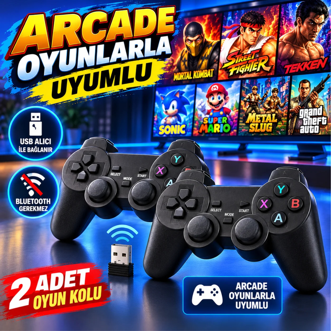 Schitec 2 Adet Kablosuz Arcade Oyun Kolu Seti USB Alıcılı Retro Oyun Konsolu Uyumlu